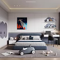 Modern Kids Room Interior With Bed Toy Car Cloud Shelves Decorative Painting And Rug