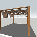 Wooden Frame Awning With Beige Fabric Curtains And White String Lights