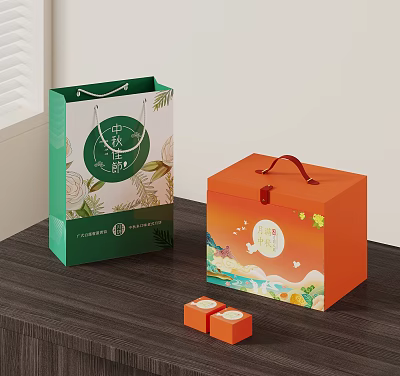 Elegant Mid-Autumn Mooncakes with Green Handbags Orange Gift Boxes and Traditional Patterns 3d model