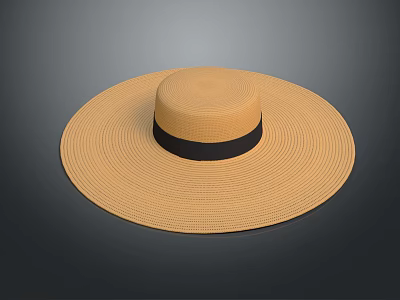 Stylish Wide Brim Straw Hat With Beige Color And Black Ribbon 3d model