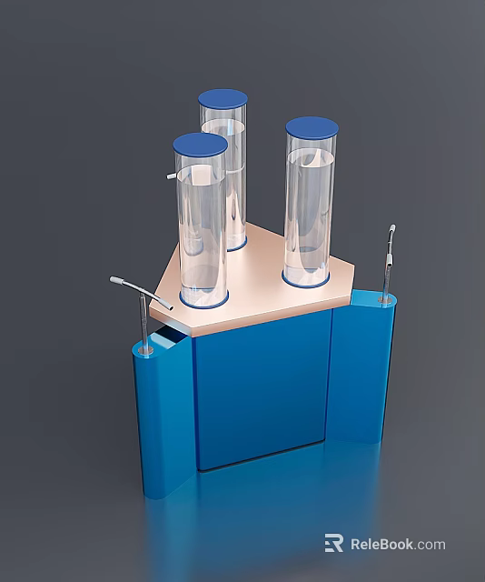 Tech Exhibition Hall Featuring Transparent Cylinders With Blue Lids On Interactive Display Stand 3d model 