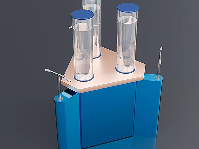 Tech Exhibition Hall Featuring Transparent Cylinders With Blue Lids On Interactive Display Stand 3d model