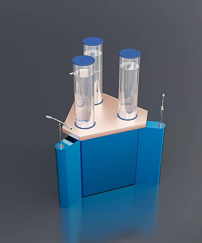 Tech Exhibition Hall Featuring Transparent Cylinders With Blue Lids On Interactive Display Stand 3d model