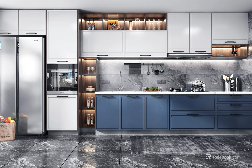 Modern Open Kitchen With White Blue Cabinets Marble Countertops And Strip Lighting 3d model 
