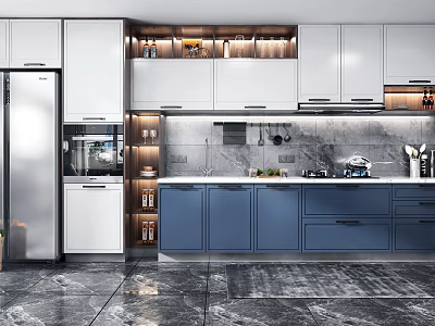Modern Open Kitchen With White Blue Cabinets Marble Countertops And Strip Lighting 3d model