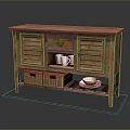 Rustic Wooden Cabinet With Shutter Doors Drawer And Wicker Baskets Tray Holding Mug And Plate