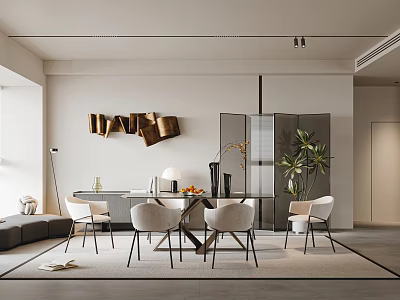 Modern Luxury Restaurant Interior With Dining Table Chairs Room Divider Green Plant And Wall Art 3d model