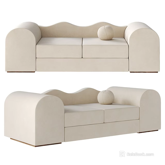 Modern Beige Fabric Two Seater Sofa With Curved Arms And Decorative Ball Cushion 3d model 