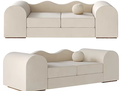 Modern Beige Fabric Two Seater Sofa With Curved Arms And Decorative Ball Cushion 3d model
