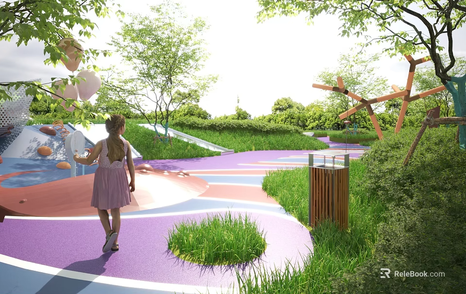 Vibrant Park Landscape With Little Girl Walking On Colorful Path Green Lawn And Play Structure 3d model 