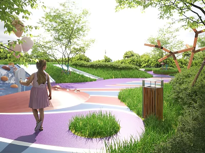 Vibrant Park Landscape With Little Girl Walking On Colorful Path Green Lawn And Play Structure 3d model