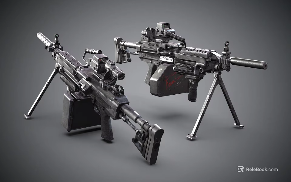 Modern Military Machine Guns With Tripod Mounts And Tactical Scopes 3d model 