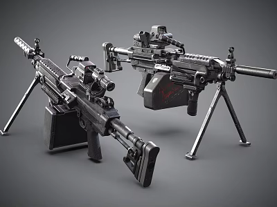Modern Military Machine Guns With Tripod Mounts And Tactical Scopes 3d model
