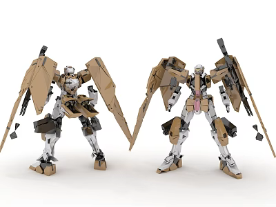 Two Brown And Silver Robot Models With Wings Weapons And Mechanical Details 3d model
