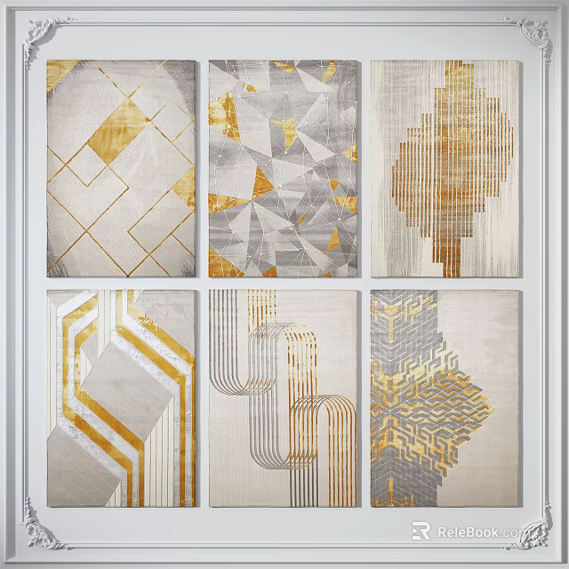 Square Rugs With Geometric Patterns Gold Gray Tones Modern Design Home Decor 3d model
