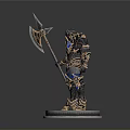 Battle Axe Wielded By Armored Warrior Statue With Ornate Metal Base And Blue Accents