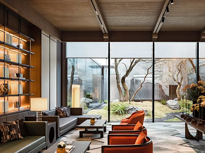 Modern Lounge Area With Comfortable Sofas Orange Chairs Large Glass Windows And Outdoor Garden View 3d model