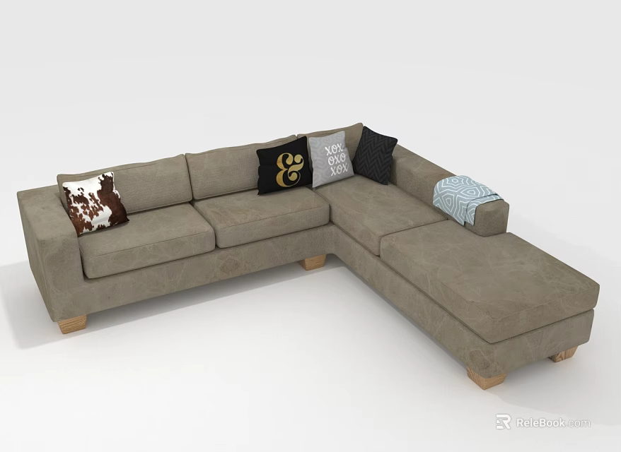 Multi Person Light Gray L Shaped Sofa With Decorative Cushions And Striped Throw Blanket 3d model 