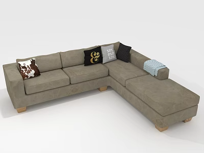 Multi Person Light Gray L Shaped Sofa With Decorative Cushions And Striped Throw Blanket 3d model
