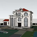 Elegant Detached Villa With Red Roof White Walls Arched Windows Lawn Flowers Driveway And Garage