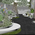 Garden Courtyard Design With White Curved Flower Beds Green Plants And Children Play Area