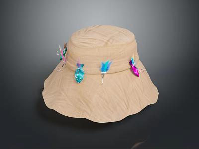 Beige Fisherman Hat With Colorful Feather Decorations For Daily Use 3d model