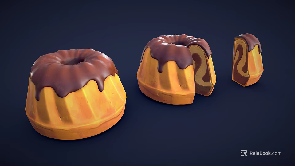 Three Round Bundt Cakes With Chocolate Glaze Sliced To Show Layered Inside On Dark Background 3d model 