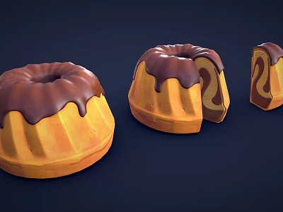 Three Round Bundt Cakes With Chocolate Glaze Sliced To Show Layered Inside On Dark Background 3d model
