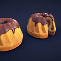 Three Round Bundt Cakes With Chocolate Glaze Sliced To Show Layered Inside On Dark Background
