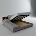 Modern Gray Upholstered Double Bed Design With Wooden Striped Bed Base And Side Storage Cabinet