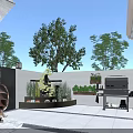 Serene Garden Landscape with Patio Trees Water Fountain Seating Grill Area and Lush Green Plants