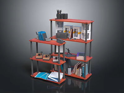 Red Multi Tiered Home Office Shelf With Books Folders Decorative Items And Stationery 3d model