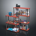 Red Multi Tiered Home Office Shelf With Books Folders Decorative Items And Stationery