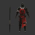 Medieval Knight Armor With Red Cloth And Long Sword On Gray Surface