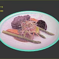 Grilled Steak with Asparagus Carrots Beet and Shredded Vegetable Salad on White Plate