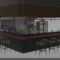 Modern Bar Counter With High Stools Decorative Canopy And Kitchen Appliances