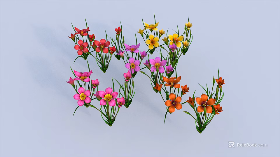 Vibrant Colorful Flowers Red Yellow Pink Purple Orange Blooms Green Stems Leaves Garden Floral 3d model 