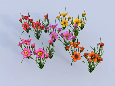 Vibrant Colorful Flowers Red Yellow Pink Purple Orange Blooms Green Stems Leaves Garden Floral 3d model