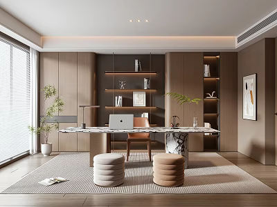Minimalist Modern Home Office Interior With Marble Desk Wooden Shelves And Green Plants 3d model