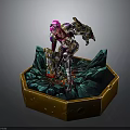 Armored Fantasy Character Statue Featuring Pink Hair Hexagonal Gold Base Green Interior Rock Details