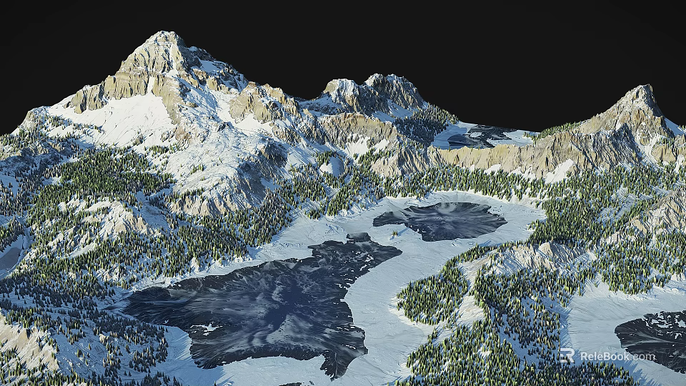 Breathtaking Scenic Landscape with Snowy Mountains Frozen Lakes and Lush Forests 3d model 