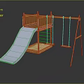 Wooden Playground Structure With Blue Slide Swing Set And Stairs
