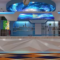 Modern Store Front Desk with Blue White Theme Geometric Design Marble Countertop Lifebuoy Anchor Decor