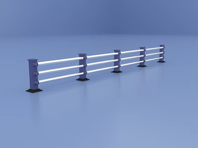 Row of Blue Post Guardrail With White Horizontal Bars And Black Bases 3d model