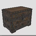 Vintage Wooden Chest With Ornate Metal Carvings And Riveted Edges