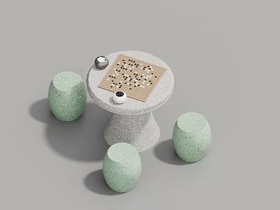 Outdoor Round Table with Chessboard Pieces and Small Cups Surrounded by Green Textured Stools 3d model