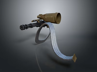 Brown Metallic Machine Gun With Coiled Ammunition Belt And Tactical Design 3d model