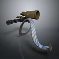 Brown Metallic Machine Gun With Coiled Ammunition Belt And Tactical Design