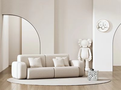 Minimalist Beige Double Sofa In Modern Living Room With Decorative Pillows And Artwork 3d model