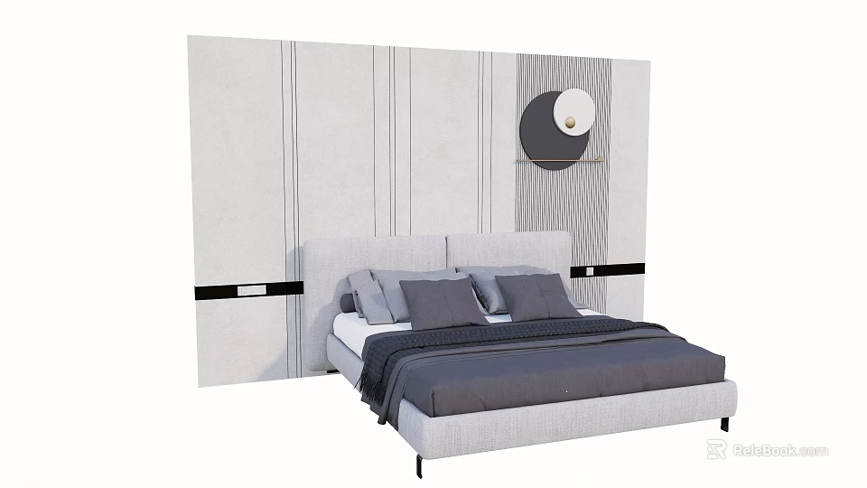 Modern Background Double Bed Featuring Gray Headboard Pillows Dark Bedspread Gray Striped Wall Circular Decor 3d model